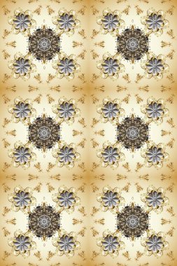 Doğu tarzı arabesk. Bej rengi üzerinde kusursuz desen, altın elementli gri renkler. Parlak dantel, stilize çiçekler, şal desenli. Hassas altın deseni açın. Kusursuz altın desenli bukleler. Raster.