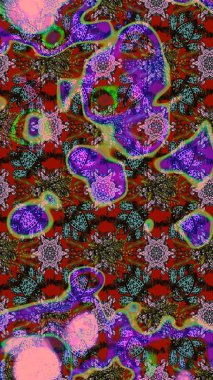 Raster - stok. Yapraklı çiçekler ve kahverengi ve kırmızı renklerde papatya çiçekleri. Taslak arkaplan deseni.