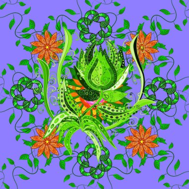 Menekşe ve yeşil lale çiçekli, pürüzsüz bir desen. Paket kağıdı için en iyisi. Doğal kozmetik ürünleri, parfüm, çiçekçi dükkanı için bahar ihalesi tasarımı. Karşılama ya da düğün geçmişi olarak kullanılabilir.