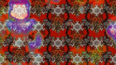 Raster Floral Illustration, Asyalı tekstil. Kahverengi ve kırmızı renkte etnik çiçeklerle süslenmiş zarif bir eskiz..