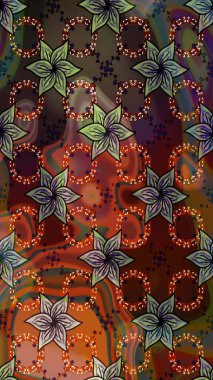 Renkli Yaz Temalı Kusursuz Arkaplan. Raster Illustrasyon 'da moda olmayan çiçek deseni. Düz Çiçek Elementleri Tasarımı. Kahverengi ve yeşil renkte çiçekler.