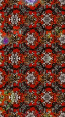 Moda baskıları için zarif bir şablon. Halk tarzı. Modern çiçek arkaplanı. Parlak renkli çiçekleri olan ve kahverengi ve kırmızı renkte yaprakları olan inanılmaz bir çiçek deseni..