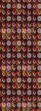 Retro tekstil tasarım koleksiyonu. 1950-1960 motifleri. Siyah ve kırmızı üzerine siyah ve kırmızı. El çizimi çiçek unsurları olan soyut çizim raster deseni. Çiçekli ipek eşarp..