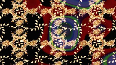 Raster Floral Illustration, Asyalı tekstil. Siyah, kırmızı ve bej renkli etnik çiçeklerle zarif bir eskiz deseni.