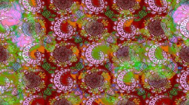 Raster illüstrasyonu. Kırmızı ve yeşil yapraklı yabani çiçekler. Suluboya, elle çizilmiş. Taslak arkaplan deseni.