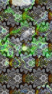 Miles Fleur, süslü püslü bir süs. Kumaş, tekstil, duvar kağıdı baskısı için. Raster illüstrasyonu. Eski usul. Eskiz geçmişi. Tomurcukları papatya çiçekleri olan sevimli bir çiçek deseni..