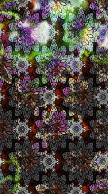 Raster deseni. Gri ve siyah renklerde bahar çiçekleri. Patlayan çiçekler soyut olarak yerleştirilmiş. Raster illüstrasyonu.