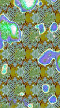 Yeşil ve mavi renkli bitkilerden oluşan parlak çiçekli çizim deseni.