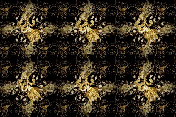 Altın elementlerle siyah ve kahverengi renklerde altın desen. Süslü dekorasyon. Raster klasik barok çiçeksiz altın desenli. Lüks, kraliyet ve Viktorya dönemi konsepti.
