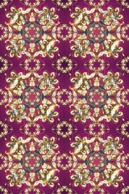 Klasik klasik klasik arka plan. Klasik raster sarısı, kusursuz desen. Geleneksel oryantasyon süsü. Mor, bej ve kahverengi renklerde altın elementlerle kusursuz desen.