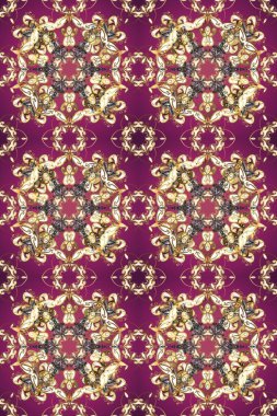 Klasik klasik klasik arka plan. Klasik raster sarısı, kusursuz desen. Geleneksel oryantasyon süsü. Mor, bej ve kahverengi renklerde altın elementlerle kusursuz desen.