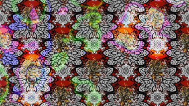 Raster - stok. Yapraklı çiçekler ve kır ve siyah renkli papatya çiçekleri. Taslak arkaplan deseni.