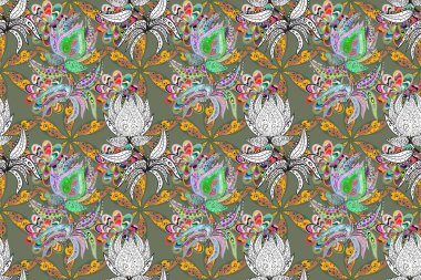 Çiçekli karalama şeklinde bir desen. Gri ve yeşil renkli çiçekler. Yumuşak, bahar çiçekli arka plan.