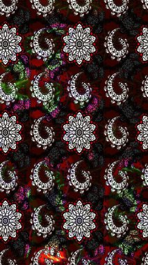 Çiçeksel elementlerle süslenmiş zarif raster dokusu. Küçük çiçekte hoş bir çiçek deseni var. Parlak çiçekli siyah ve kahverengi renkler üzerine soyut çizim deseni.