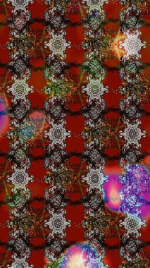 Renkli grunge, soyut arkaplanı kolonya ve kırmızı çiçeklerle süslüyor. Nakış desenli çiçek deseni. İzler, kumaş, duvar kağıtları, tekstil için raster dokusu.