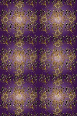 El yapımı dekoratif çerçeve, albüm kapağı, tebrik kartı, klasik Art deco tarzı. Altın karalama fantezi yapraklarından gelen soyut çiçek çelengi ve mor ve nötr renklerde çiçek..