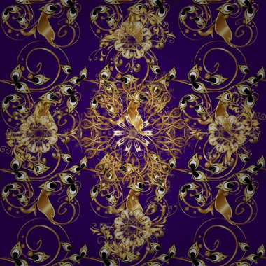 Geleneksel Arap dekoru mavi kahverengi renklerde. Süslü dantel iz sürücü. Duvar kâğıdı için altın süslü bir illüstrasyon. Çiçek süsü ile kusursuz desen. Doğu tarzında vintage tasarım ögesi.