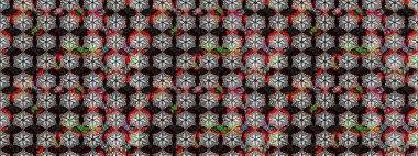 Tekstil tasarımı için siyah ve gri renkli geleneksel halk çiçekleri buketi. Üzerinde gelincikler ve vadi zambakları olan renkli çiçek desenli nakış..