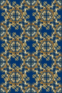 Raster oryantal süs. Altın elementlerle mavi, kahverengi ve sarı renklerde kusursuz desen. Kusursuz altın desen.
