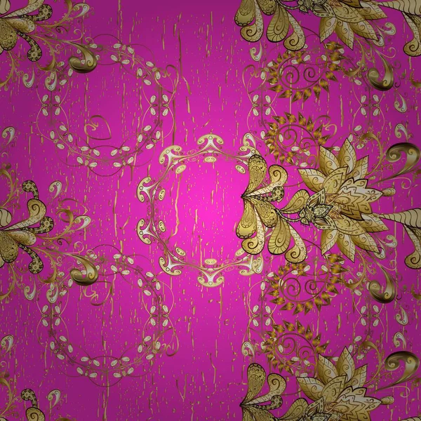 Mor ve kahverengi renklerde altın elementlerle desen. Kusursuz ahşap oyma. Lüks mobilyalar. Klasik mobilya tarzı. Altın kaplamalı Magenta ve kahverengi zemin. Küçük alan derinliği.