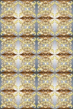 Barok tarzında duvar kağıdı tasarımı için kusursuz damaske deseni arkaplanı. Tarafsız, gri ve bej renklerde altın desenli altın elementler. Süslü raster dekorasyonu.