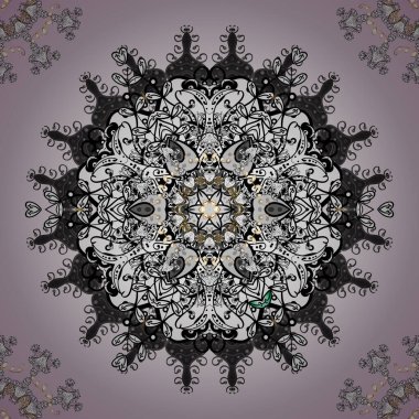 Art, round, colorful ornament on a gray, neutral and white colors. Ornate, eastern mandala with colored contour.