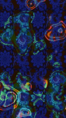 Çiçeksel çizim kalıbının yansıması. Vadinin çiçekleri mavi ve gri renklerde.