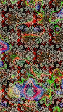 El çizimi. Güzel kumaş deseni. Raster illüstrasyonu. Çiçekler, dallar, otlar ve çiçekler.