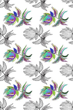 Elle çizilmiş çiçek deseni (fayans). Tekstil için dikişsiz suluboya desen. Sevimli çiçeklerle, desenli, kırmızı, beyaz ve gri renklerle renksiz desen.