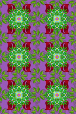 Düz Çiçek Elementleri Tasarımı. Renkli Bahar Temalı Kusursuz Arkaplan. Mor, mor ve yeşil renkli çiçekler. Sevimli çiçek raster deseni.