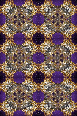 Kahverengi, gri ve mor renklerde altın elementlerle kusursuz desen. Geleneksel oryantasyon süsü. Klasik klasik klasik arka plan. Raster illüstrasyonu. Kusursuz klasik raster altın desenli.