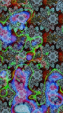 Miles Fleur, süslü püslü bir süs. Eskiz geçmişi. Kumaş, tekstil, duvar kağıdı baskısı için. Raster illüstrasyonu. Eski usul. Tomurcukları papatya çiçekleri olan sevimli bir çiçek deseni..