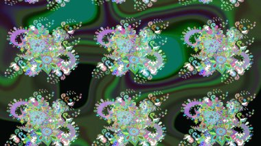 Yeşil renkli bitkilerden oluşan parlak çiçekli çizim deseni.