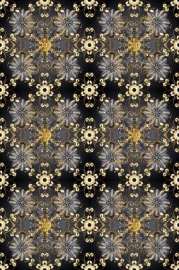 Raster geometrik arka plan. Altın rengi, kusursuz çizim. Senin tasarımın için, duvar kağıdı. Altın desenli gri, kahverengi ve bej renklerde altın çiçekli elementler..