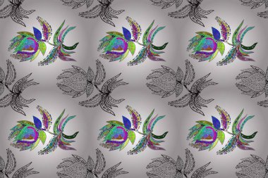 Çiçekler suluboya tarzında gri, kırmızı ve beyaz renklerde. Gri, kırmızı ve beyaz renkte çiçeklerle kusursuz çiçek deseni.