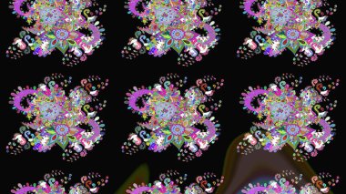 Renkli Bahar Temalı Kusursuz Arkaplan. Raster Modaya uygun kumaş deseni. Düz Çiçek Elementleri Tasarımı. Siyah ve mor renkli şirin çiçek deseni.