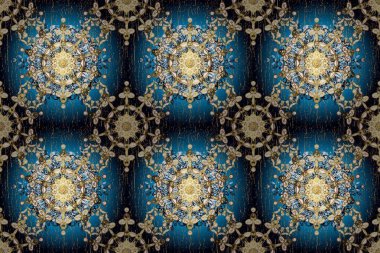 Mavi üzerinde kusursuz desen, altın elementli siyah renk. Hassas altın deseni açın. Raster. Kusursuz altın desenli bukleler. Parlak dantel, stilize çiçekler, şal desenli. Doğu tarzı arabesk