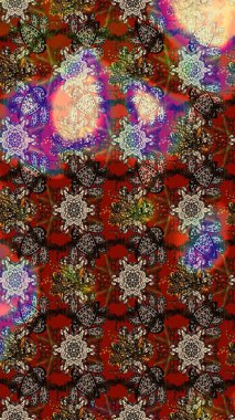 Nakış desenli çiçek deseni. Renkli grunge, soyut arkaplanı kolonya ve bej çiçekleriyle süslüyor. İzler, kumaş, duvar kağıtları, tekstil için raster dokusu.