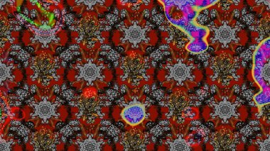 Asya tekstil tarzında. Düz Çiçek Elementleri Tasarımı. Çiçek desenli çizim. Gri ve kırmızı renkte çiçekler. Renkli Bahar Teması eskiz kalıbı. Raster illüstrasyonu.