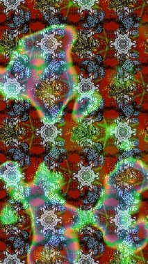 Raster illüstrasyonu. Çiçek desenli çizim. Kahverengi ve yeşil renkli Asyalı tekstil.