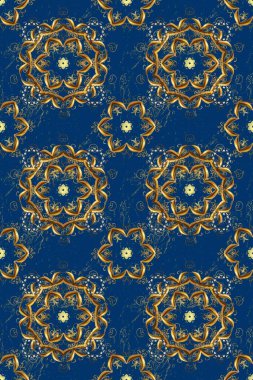 Kart, duvar kağıdı, ambalaj ve tekstil için klasik tasarım. Klasik çiçek dokusu. Altın şablon. Raster illüstrasyonu. Mavi ve kahverengi renklerin kraliyet retro 'su. Kusursuz desenli altın elementler.