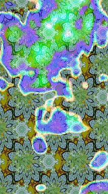 Yeşil renkli bitkilerden oluşan parlak çiçekli çizim deseni.