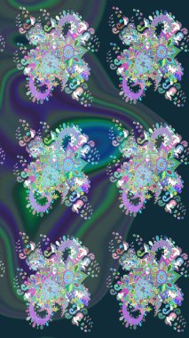 Raster illüstrasyonu. Robot resim tarzı mavi ve yeşil renkler. Şirin karalamalı çiçek desenli çizim. Raster illüstrasyonu. El yapımı çiçek ve bitki koleksiyonu.