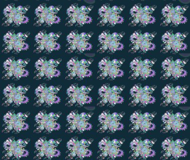 Üst manzara, yumuşak mavi ve nötr renk tarzı. Manzaralı çiçek deseni. Sevgililer günü ve tebrik kartı konsepti için şık bir davetiye. Çiçek kompozisyonu, el boyası, hassas şablon..