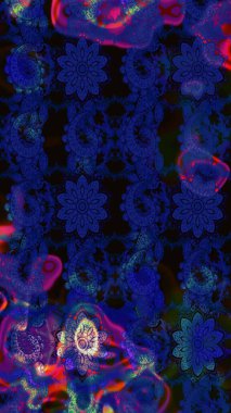 Çocuksu tasarım. Elle çizilmiş çiçek desenli Raster çizimi. Mavi ve siyah arka planda. Tekstil, kumaş, ambalaj, hatıra defteri için güzel çiçek arkaplanı..