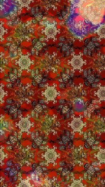 Raster illüstrasyonu. Çiçekli karalama şeklinde Raster çiçek deseni. Kibar, bahar çiçekleri kırmızı ve kahverengi renklerde.