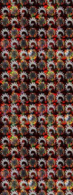 Siyah ve kahverengi renkli bitkilerden oluşan parlak çiçekli çizim deseni.