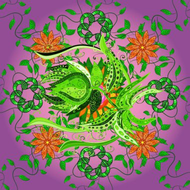 Mor ve yeşil renklerde zarif çiçek buketi suluboya. Renkli Bahar Temalı Kusursuz Arkaplan. Düz Çiçek Elementleri Tasarımı. Raster illüstrasyonu.