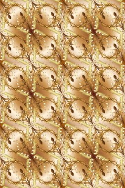 Bej, kahverengi ve altın elementli nötr renklerde altın desenler. Süslü dekorasyon. Lüks, kraliyet ve Viktorya dönemi konsepti. Raster klasik barok çiçeksiz altın desenli..