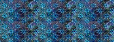 Çiçekli karalama şeklinde Raster çiçek deseni. Raster illüstrasyonu. Mavi ve gri renklerde bahar çiçekleri..